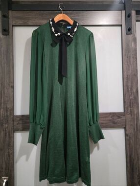 CeCe Green Knit Dress Sz M Black Peter Pan Collar Rhinestones Sheer Long Sleeves